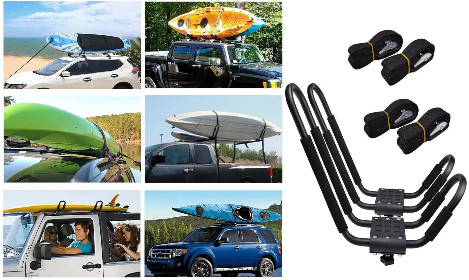 2X UNIVERSAL CAR TOP ROOF RACK J-BAR CARRIER W/ STRAP FOR KAYAK CANOE HEAVY DUTY